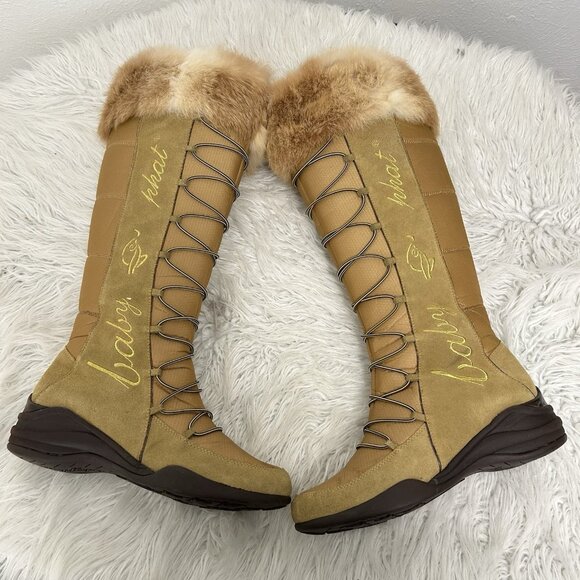 VTG Y2K Baby Phat Tan Faux Fur Trim Lace Up Knee High Boot Quilted Retro Sz 8.5B - Picture 8 of 12